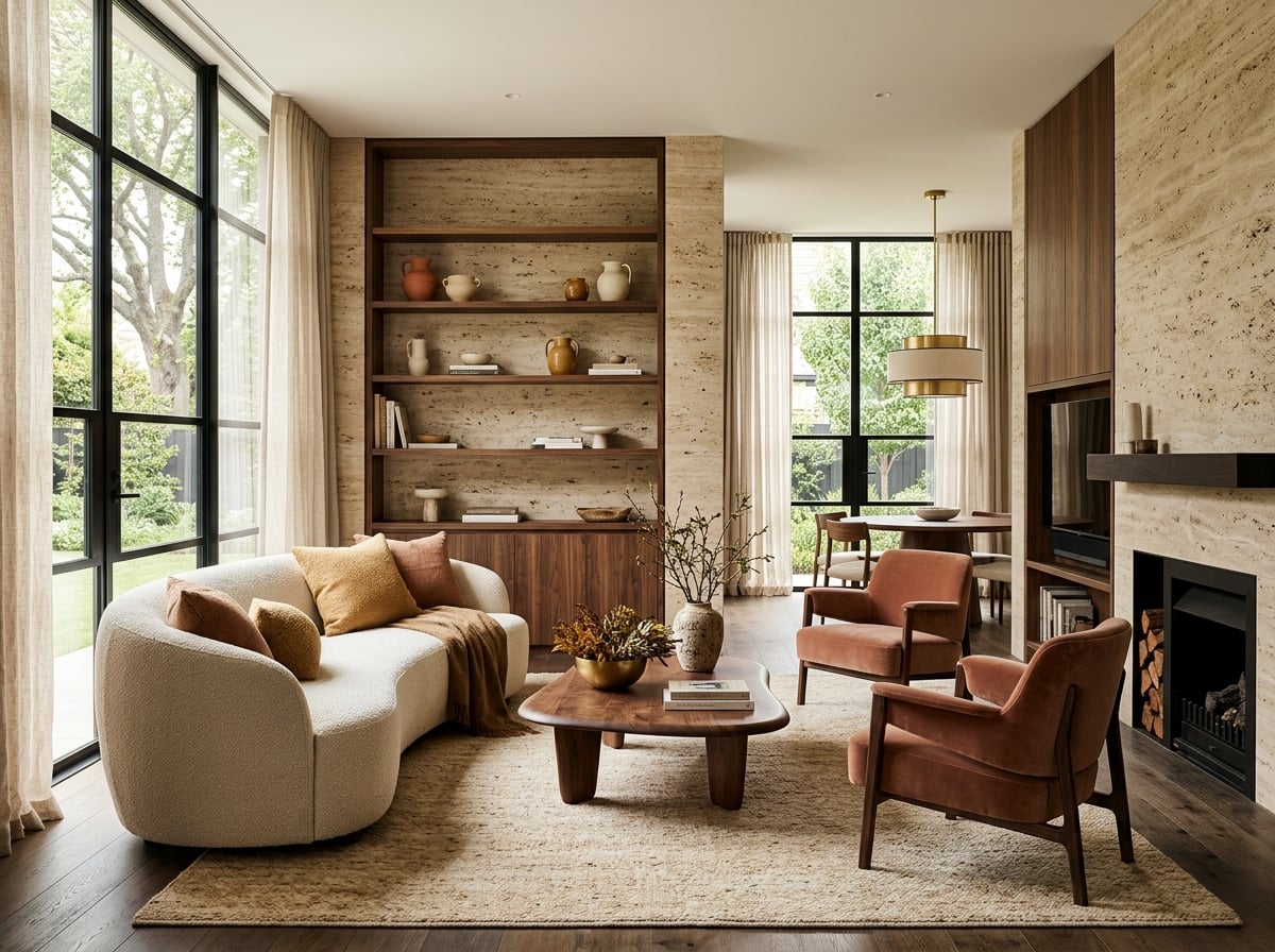 Warm luxury living space with rammed earth, timber and natural textures